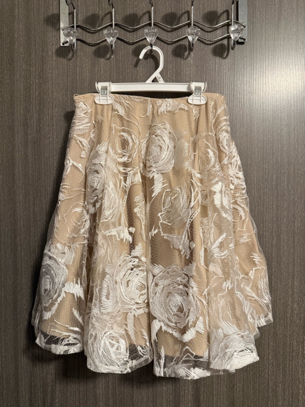 Hot Miami Styles Beige Skirt with White Floral Lace Overlay